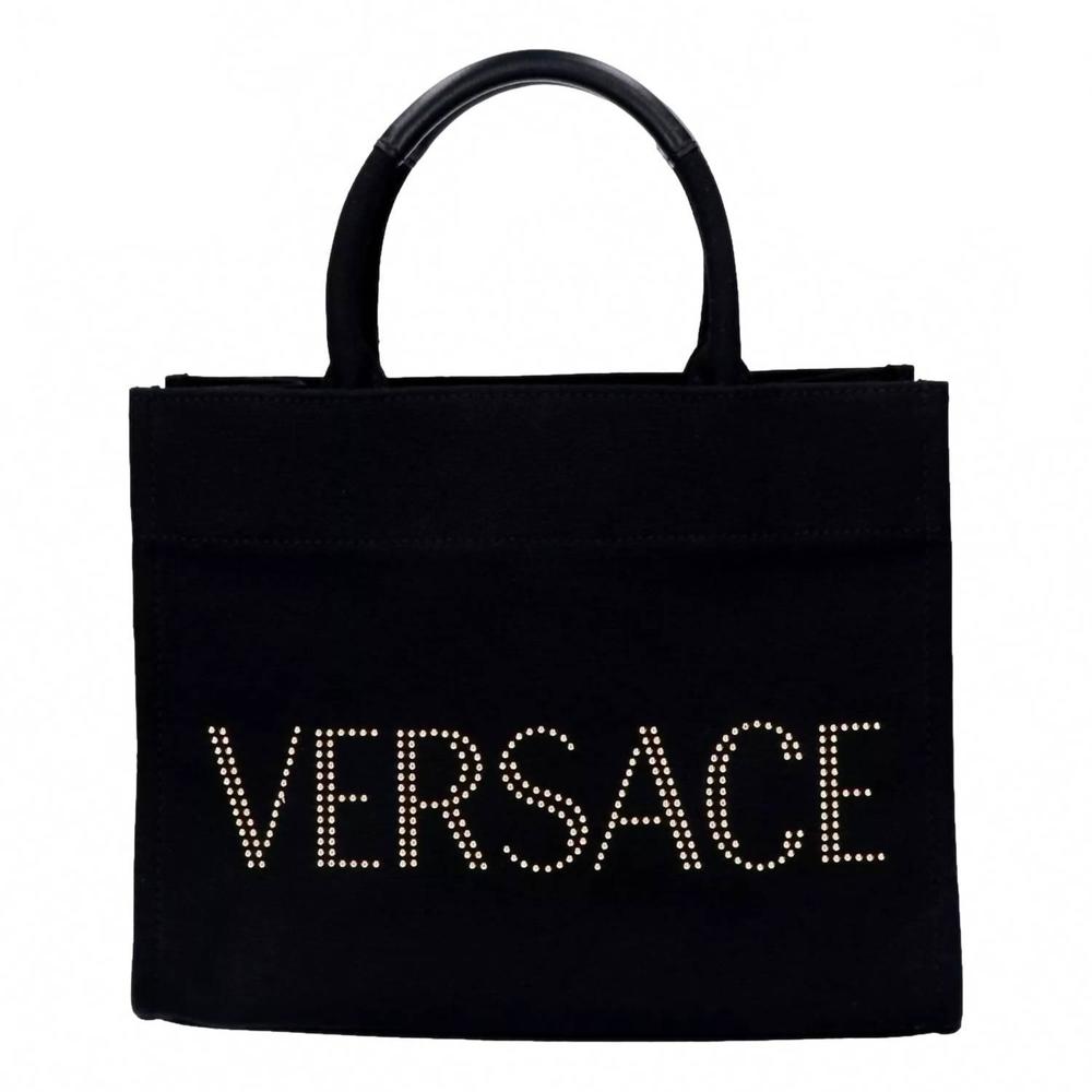 NEW VERSACE women's canvas studded logo mini tote bag in black